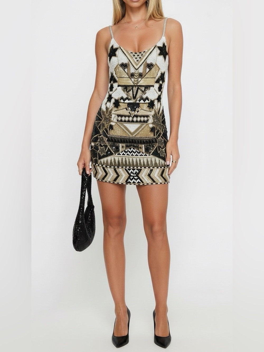 Gold V-Neck Sequin Beaded Geometric Mini Size M cocktail dress